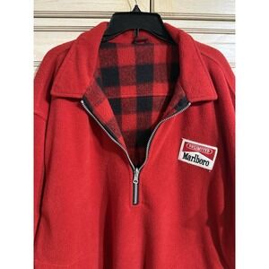 Vintage Marlboro Plaid Reversible Fleece Pullover Jacket 2XL XXL Black Red